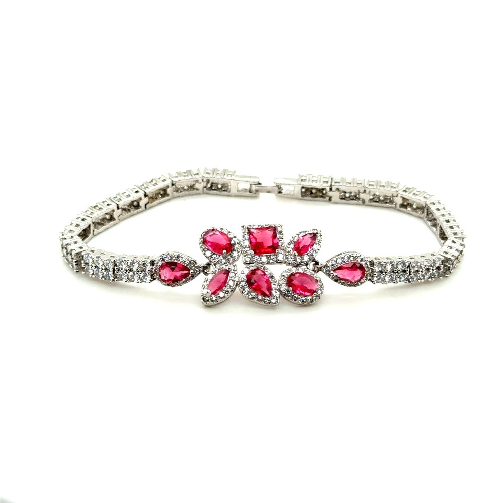 Ruby Red Faux Gemstone Silver Tone Floral Tennis Bracelet Clear CZ Accents